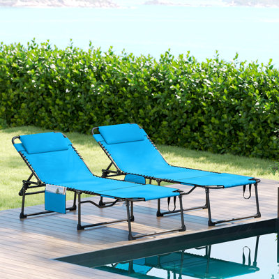 Chaise longue pliante 2 pièces avec dossier inclinable à 5 niveaux, chaise de bronzage avec trou pour le visage, chaise longue d'extérieur avec poche latérale et appui-tête pour la plage, la cour, le patio, le bleu
