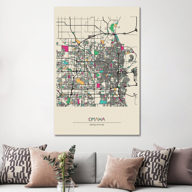 Omaha, Nebraska Map par Ayse Deniz Akerman - Toile tendue avec châssis sur toile tendue, H 26 po x l 18 po x 1,5 po