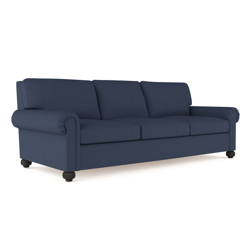 Canapé Leroy, Lin à tissage carré imprimé bleu, H 36 po x l 84 po x P 49 po, Ébène