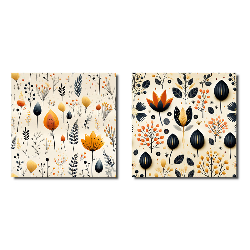 Nordique ivoire et charme floral beige - ensemble de collage abstrait botanique carré de 2, Toile tendue, H 16 po x l 33 po