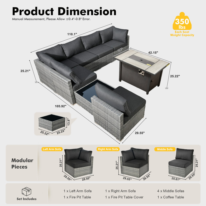 Aliva 6 - Person Modular Patio Conversation Set with Cushions, Black