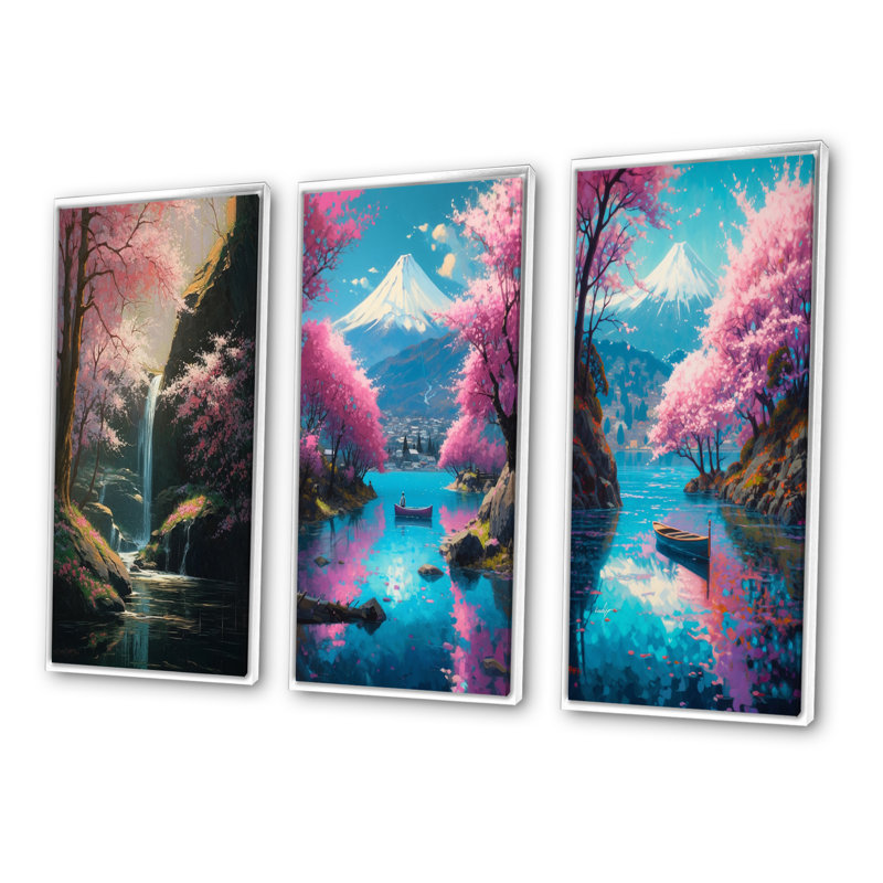 «Cherry Blossom Stream», 3 pièces sur toile, Cadre flottant blanc, H 32 po x l 48 po