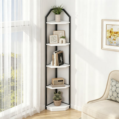 Étagère murale d'angle à 5 niveaux, bibliothèque en métal de 70 po de hauteur avec tablettes en bois, étagère de présentation pour le salon, la chambre à coucher, la salle de bain, le petit espace, le support à plantes multi-unités, blanc rustique