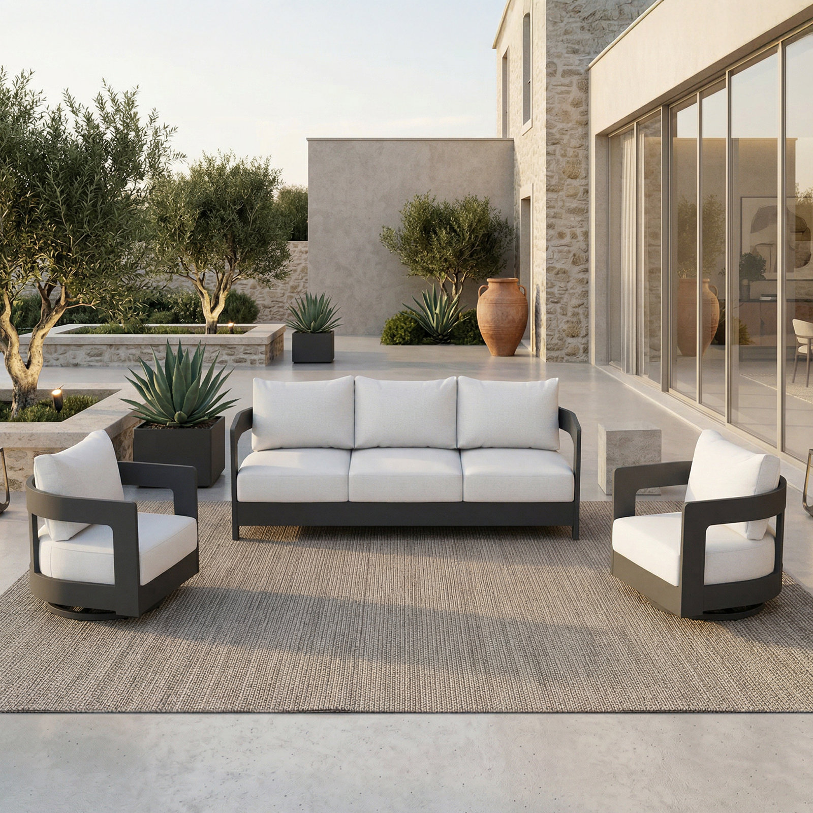 5 Piece Outdoor Seating Group With Sunbrella Cushions, White Cushion/Gray Frame