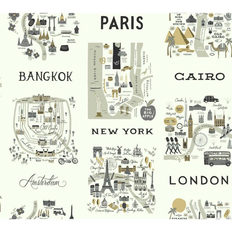Rouleau de papier peint City Cartes L 27 pi x l 27 po, Gris/doré