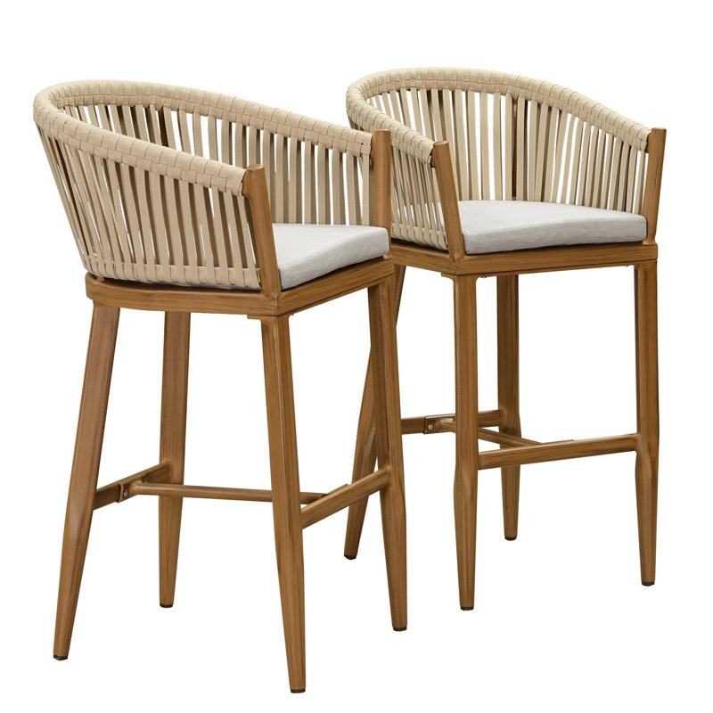 Alakai Outdoor Minimalist Woven Rattan Counter & Bar Height Stools with Premium Sponge Cushion, Beige, Teak, 28.54"