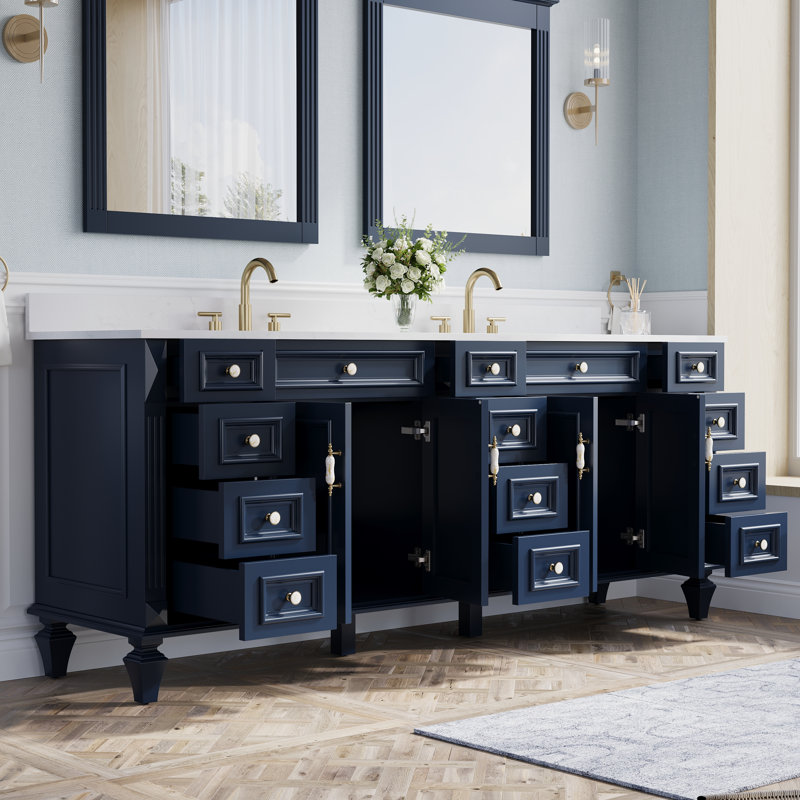 Meuble-lavabo Gamella 84 po L x 35 po H en bois massif, avec comptoir en quartz blanc de Carrare et double lavabo, bleu marine