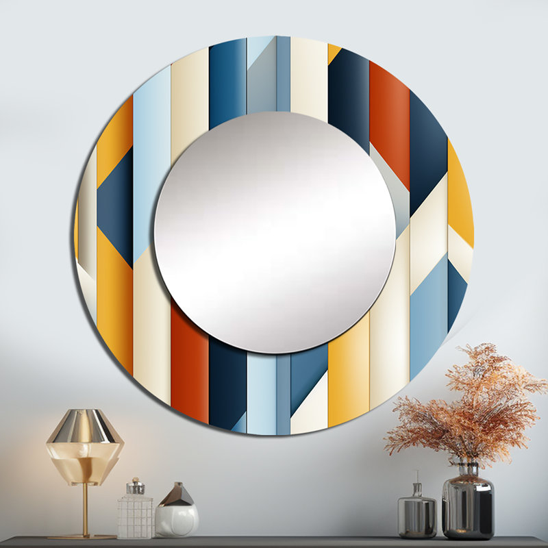 Multicolor Striped Lines Pattern - striped  Mirror, Modern Round Unique Wall Mirror, Printed Metal Art, 29" x 29"