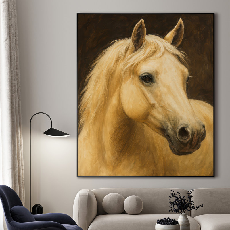Très grande reproduction d'art sur toile - Portrait de cheval doré Palomino sur fond brun foncé, H 60 po x l 46 po