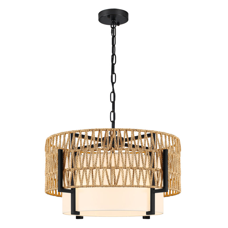 Lustre tambour en tissu et rotin tissé à la main à 6 lumières pour le salon Willia
