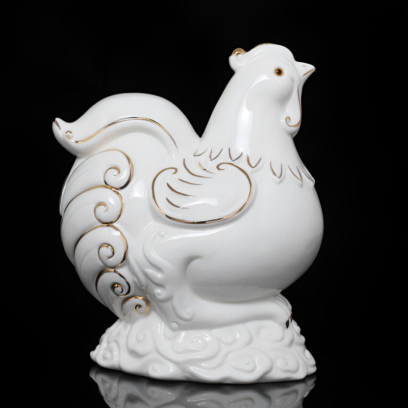 Décoration de poulet en céramique fabriquée à la main - Symbole de la prospérité, Doré / Blanc