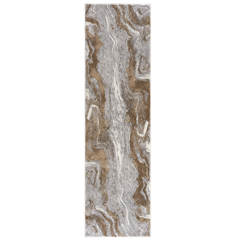 Marble Abstract Brown Beige Gold Area Rug, Rectangle 2' x 7'