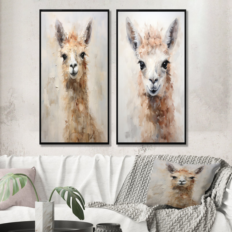 Minimalisme grunge Alpaca Portrait - Alpacas, ensemble de 2 reproductions d'art sur toile, Cadre noir, H 32 po x l 33 po