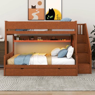 Full XL Queen-Sized Bunk Bed With Integrated Storage Shelves, Staircase, Trundle, And LED Lighting