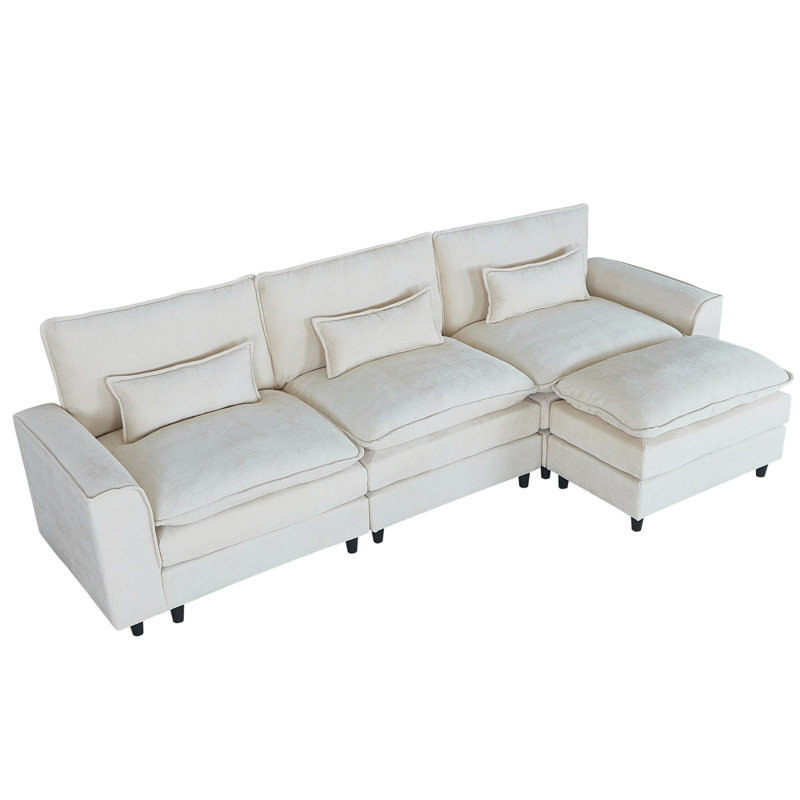 Convertible Sectional Sofa Couch, 4 Seat Sofa Set for Living Room L-Shaped Modular Sofa with Ottoman, Beige Chenille