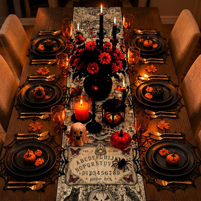 Chemin de table d'Halloween, chemin de table rétro, décorations d'Halloween rétro | Nappe Spooky, crâne gothique, jour des morts