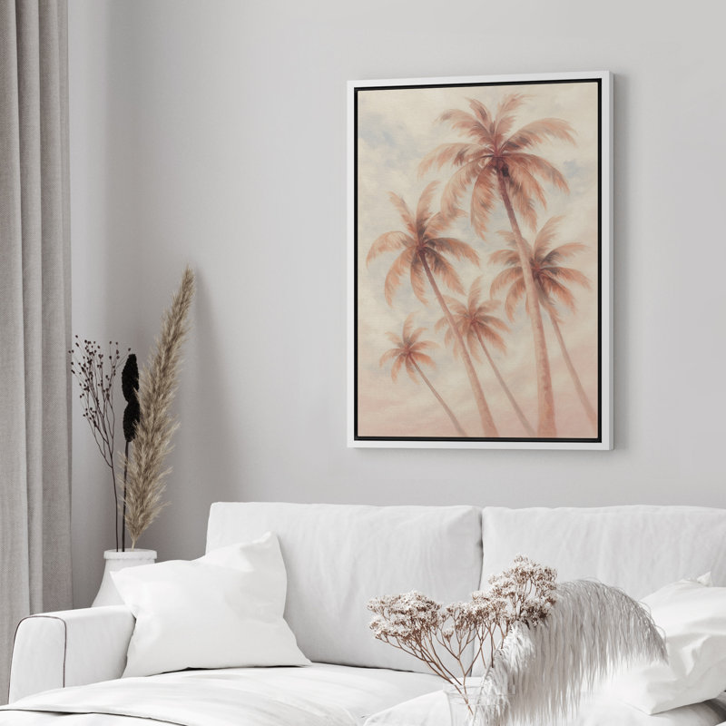 «Blush Pink Palm Trees», reproduction d'art sur toile encadrée, impression botanique tropicale avec des tons pastel doux