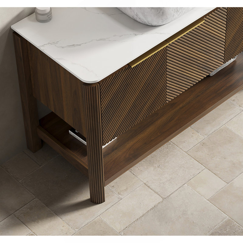 Armoire autoportante 48 po avec 3 portes et tablette ouverte, plateau en pierre frittée blanc de Carrare, sans lavabo, sans robinet ni drain, grain de bois noyer foncé