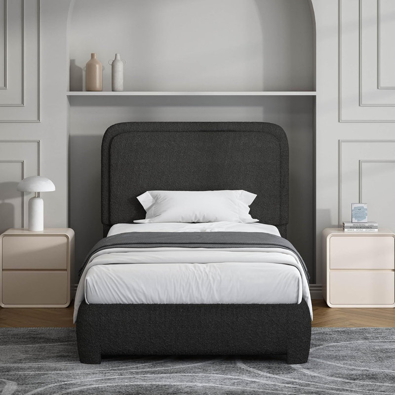 Lit plateforme tapissier Boucle avec ensemble de table de chevet, table de chevet de ferme avec tiroir de rangement et tablette ouverte en bois, mobilier de chambre rustique