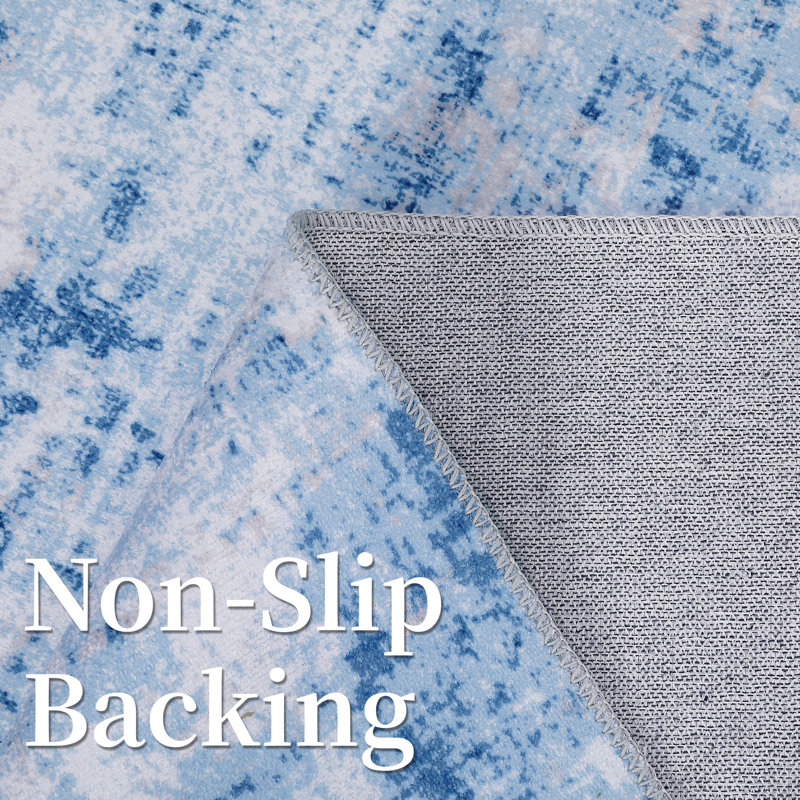 Tapis bleu en polyester tissé à la machine Tiede, Rectangle 4 pi x 6 pi