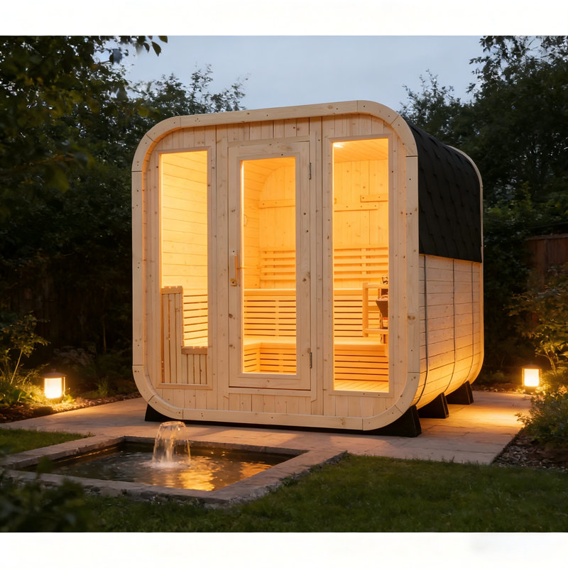 Outdoor Square Traditional White Pine Steam Sauna, 4-6 Person Capacity With Tempered Glass Windows