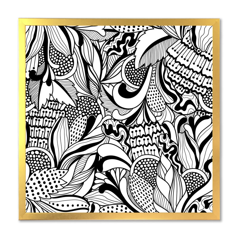 Fleurs abstraites en noir et blanc - Impression sur toile, H 36 po x l 36 po, Toile avec cadre photo doré