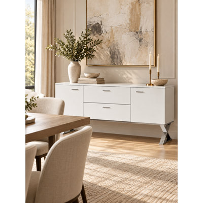 Buffet de salle à manger contemporain en laque blanche avec pieds en X en acier poli et tiroirs de rangement