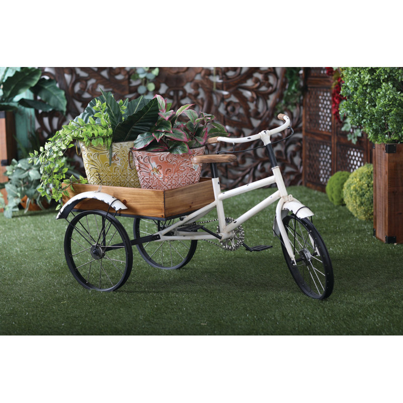 Gaughan Metal Indoor Outdoor Vintage Bike Indoor Outdoor White Plantstand with Brown Wood Accents