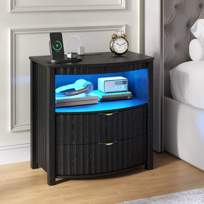 23.6''W Fluted Nightstand With Dimming Light, Motion Sensor, Charging Station