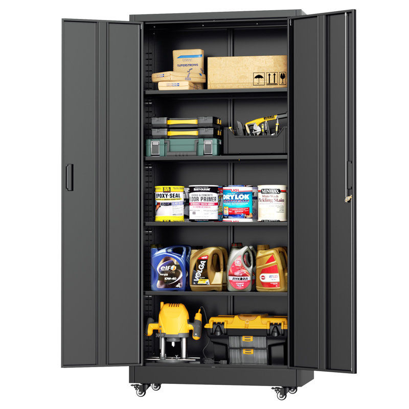 Metal Garage Storage Cabinets with Wheels, Rolling Tool Cabinet with Locking Doors and Adjustable Shelves(73" H×32" W×16" D)