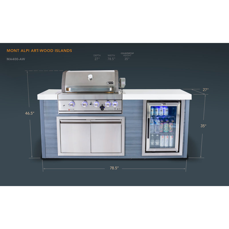 Mont Alpi Artwood Series 4-Burner Stainless Steel Outdoor Kitchen Island with Access Doors + Refrigerator