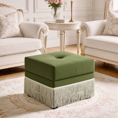 21.3" Square Storage Ottoman with Safety Fringe, Small Boho Ottoman Foot Rest with Storage, Tufted Linen Footstool for Living Room, Bedroom