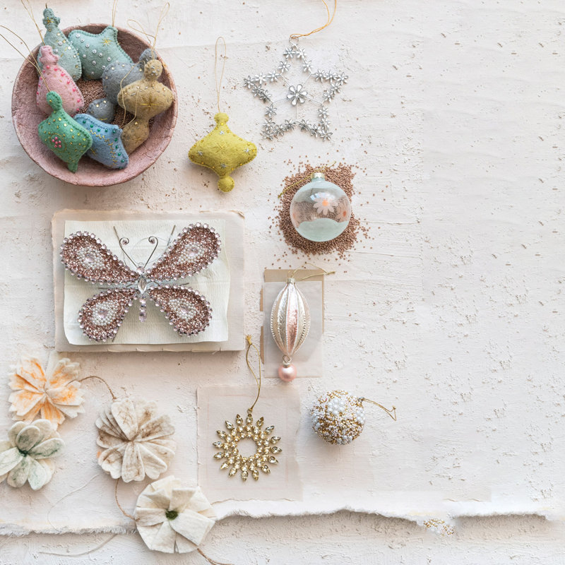 Ornement papillon en métal avec paillettes, perles de sable, finition argentée