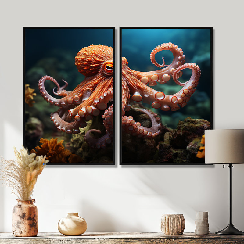 Coral Octopus Serene submersion II - impressions sur toile modernes, Noir, H 36 po x l 48 po, Impression encadrée flottante