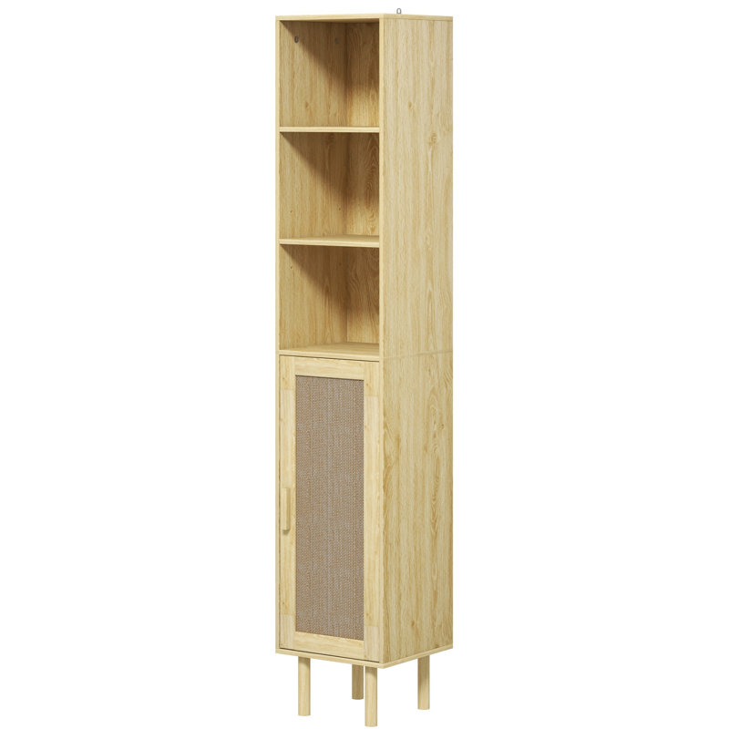 Armoire de salle de bain haute avec portes en rotin, armoire de rangement autoportante avec tablettes réglables, chêne vieilli