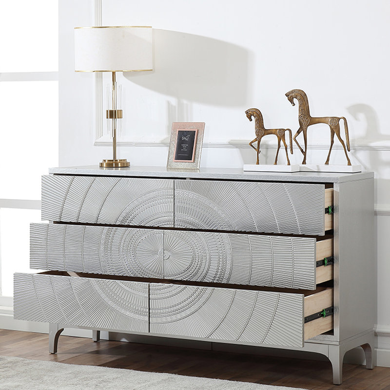 Commode de luxe à 6 tiroirs pour hall d'entrée et buffet, Argent champagne