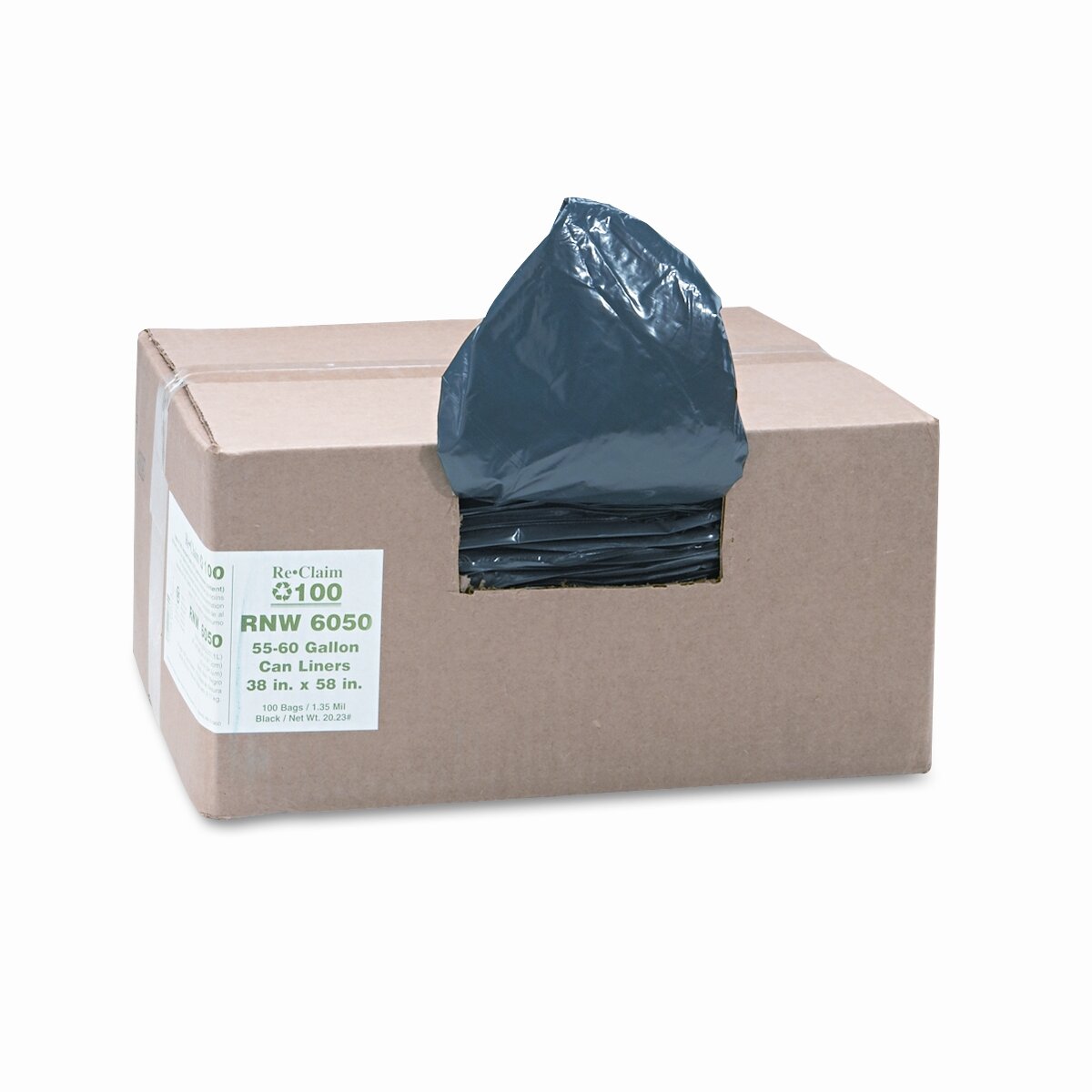 Earthsense Recycled Star Bottom Trash Bags, 55-60 gal, Black, 100-count