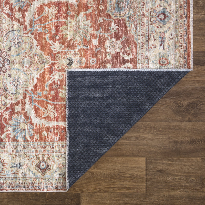 Washable Non-Slip 2x3 Rug - Orange / Olive Beige Traditional Oriental Area Rug, Rectangle 2' x 3'