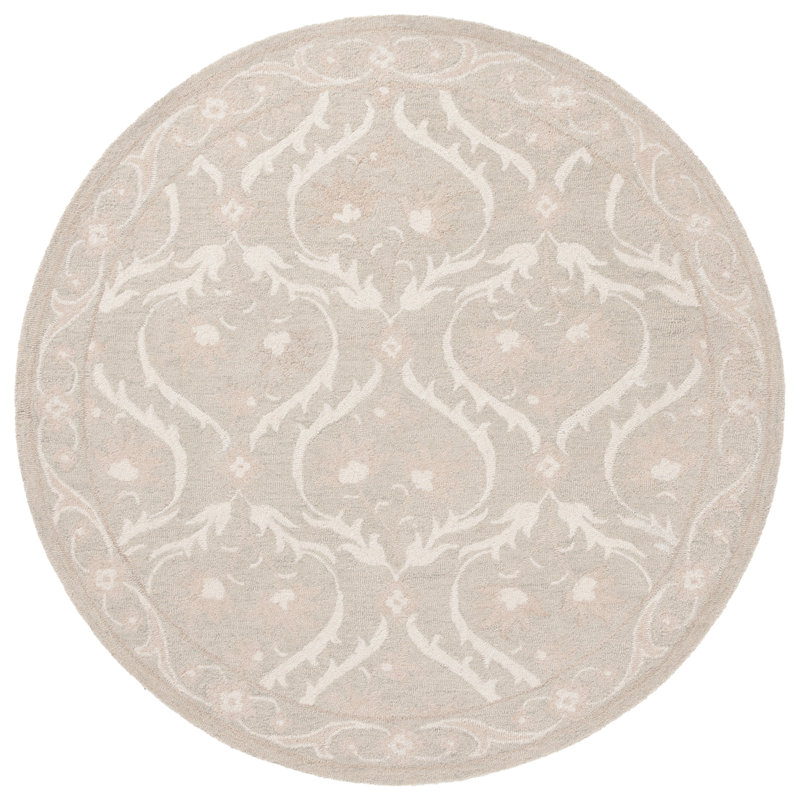 Angeletta Tufted Wool/Cotton Damask Rug in Light Gray/Ivory, Round 6'