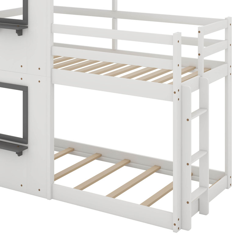 Lit superposé simple au-dessus d'un lit simple en bois avec toit, fenêtre et garde-corps, Blanc