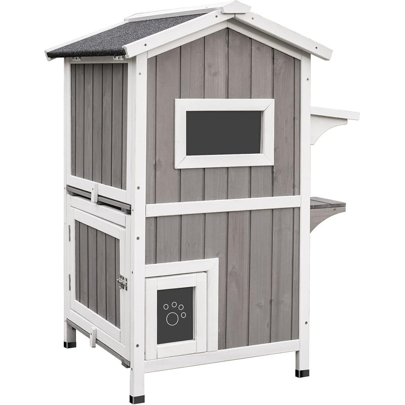 Maison pour chat extérieure en bois à 2 étages résistante aux intempéries avec plateformes de saut, plancher surélevé et toit en asphalte, gris