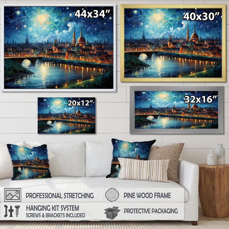 «Masterry Paris City The Starry Night III», reproduction sur toile, Cadre photo noir, H 16 po x l 32 po