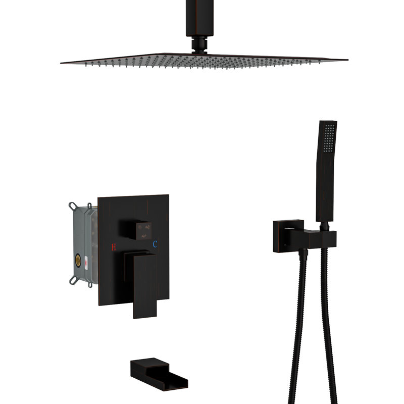 Système de douche avec bec de baignoire cascade - Montage plafond 30 cm (12 po) - Bronze huilé - Robinet d'équilibrage - 3 fonctions pluie et douchette - Installation simple - Entretien hygiénique - Montage 30 cm (12 po) - Robinet d'équilibrage