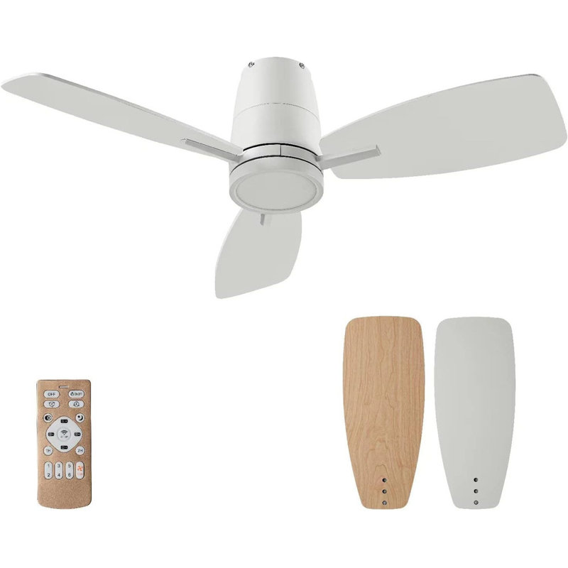 Emidia 42'' Flush Mount Ceiling Fan with LED Light for Medium Rooms White, 42" Wide, White with White/Oak Blades