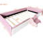 Lit de jour simple rose et blanc en velours avec escalier, rangement et garde-corps rembourrés pour le projet de plan de rénovation
