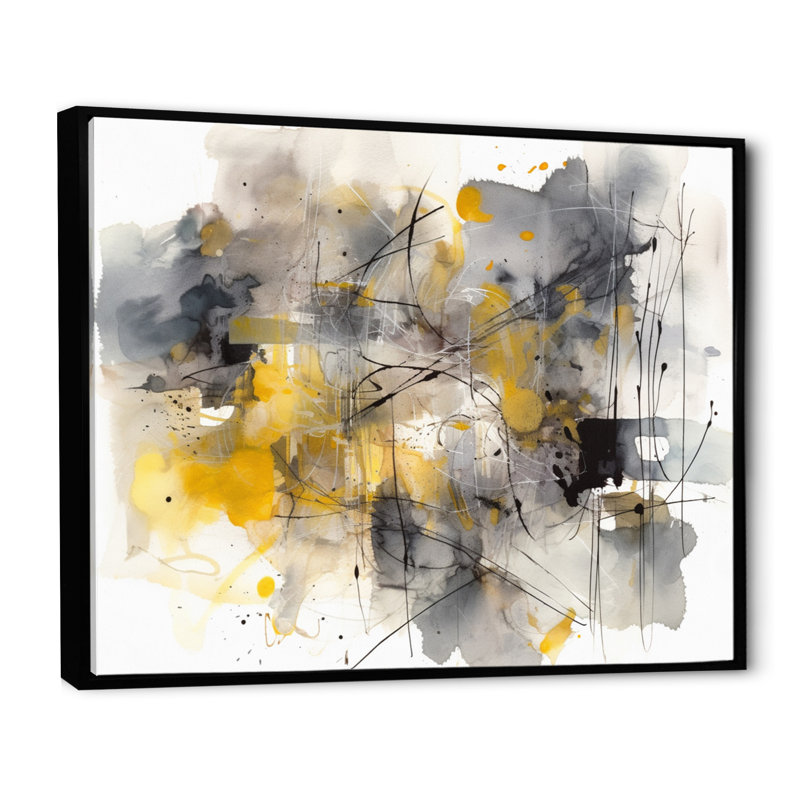 Jaune et gris au-delà de la toile II sur toile, H 34 po x l 44 po x P 1,5 po, Cadre flottant noir