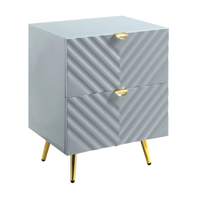 Table de chevet grise ultrabrillante avec options de rangement et cadre en métal 2 po, glissière de tiroir latérale incluse