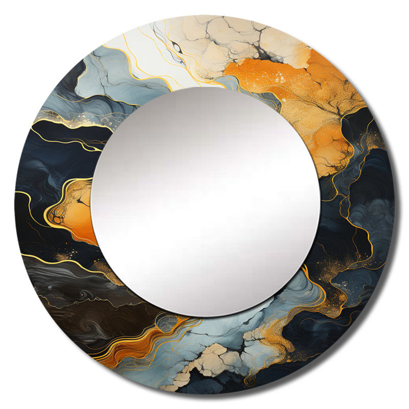 Sayd, méandres, rivière, voyage sans fin V - jaune, miroir décoratif mural, grand miroir rond traditionnel, impression d'art en métal