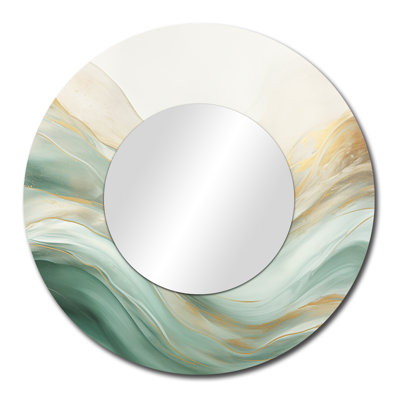 Sambor doré et vert Soft Wave Fusion I - grand miroir mural de formes abstraites, miroir rond moderne unique, impression d'art en métal