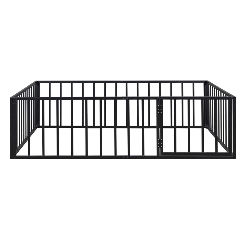 Metal Floor Bed Frame With Fence And Door, Black, Full